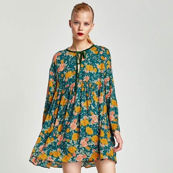 Zara Long Sleeve Floral Boho Flowy Tie Neckline Romper Mini Dress - Picture 2 of 8